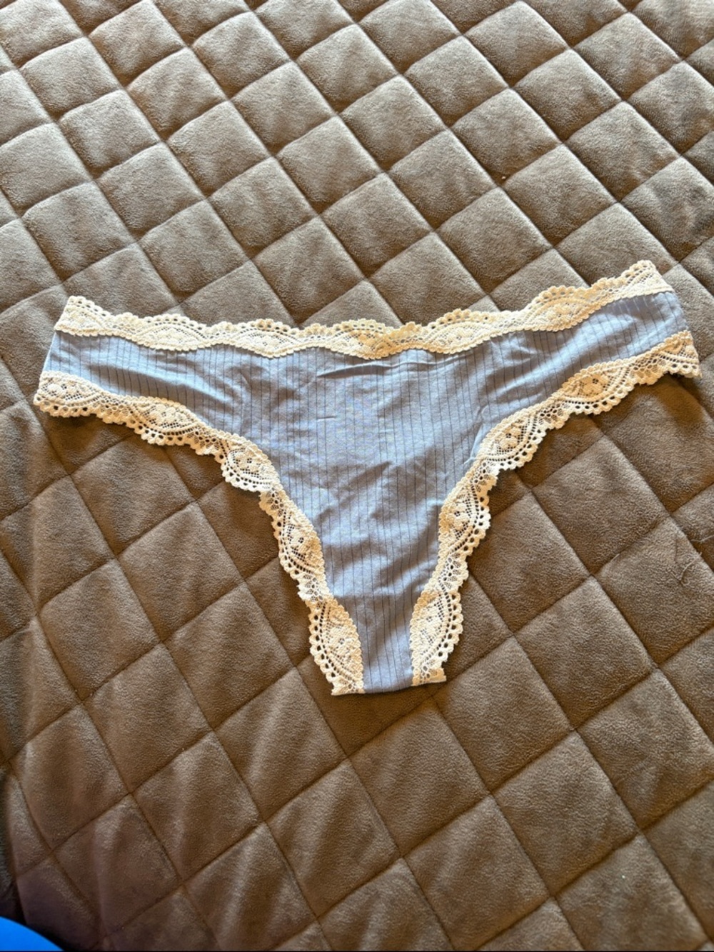 aerie Ribbed Thong Panty with Cream Lace - Light Blue